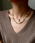 18K Gold Plated Freshwater Pearl & Hammered Bead Necklace | Minimalist Vintage Collar Necklace