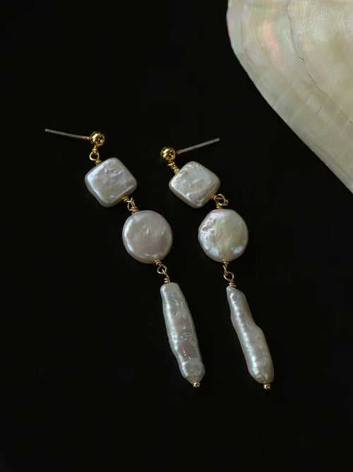 Baroque Pearl Drop Earrings, Natural Freshwater Pearl Dangle Earrings, Diamond & Multi-Shape Pearl Earrings with 925 Silver Posts