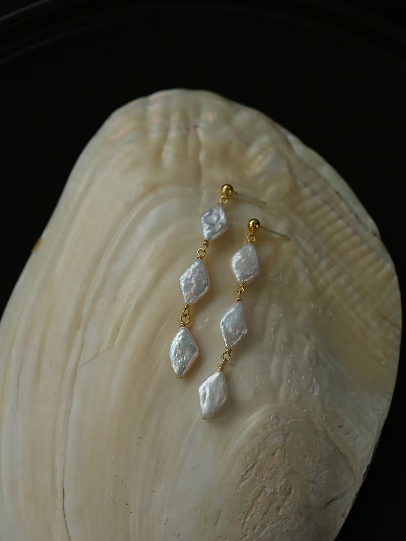 Baroque Pearl Drop Earrings, Natural Freshwater Pearl Dangle Earrings, Diamond & Multi-Shape Pearl Earrings with 925 Silver Posts