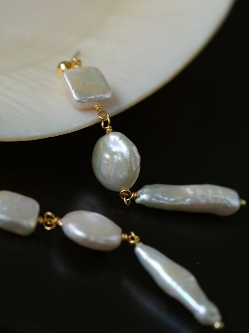 Baroque Pearl Drop Earrings, Natural Freshwater Pearl Dangle Earrings, Diamond & Multi-Shape Pearl Earrings with 925 Silver Posts