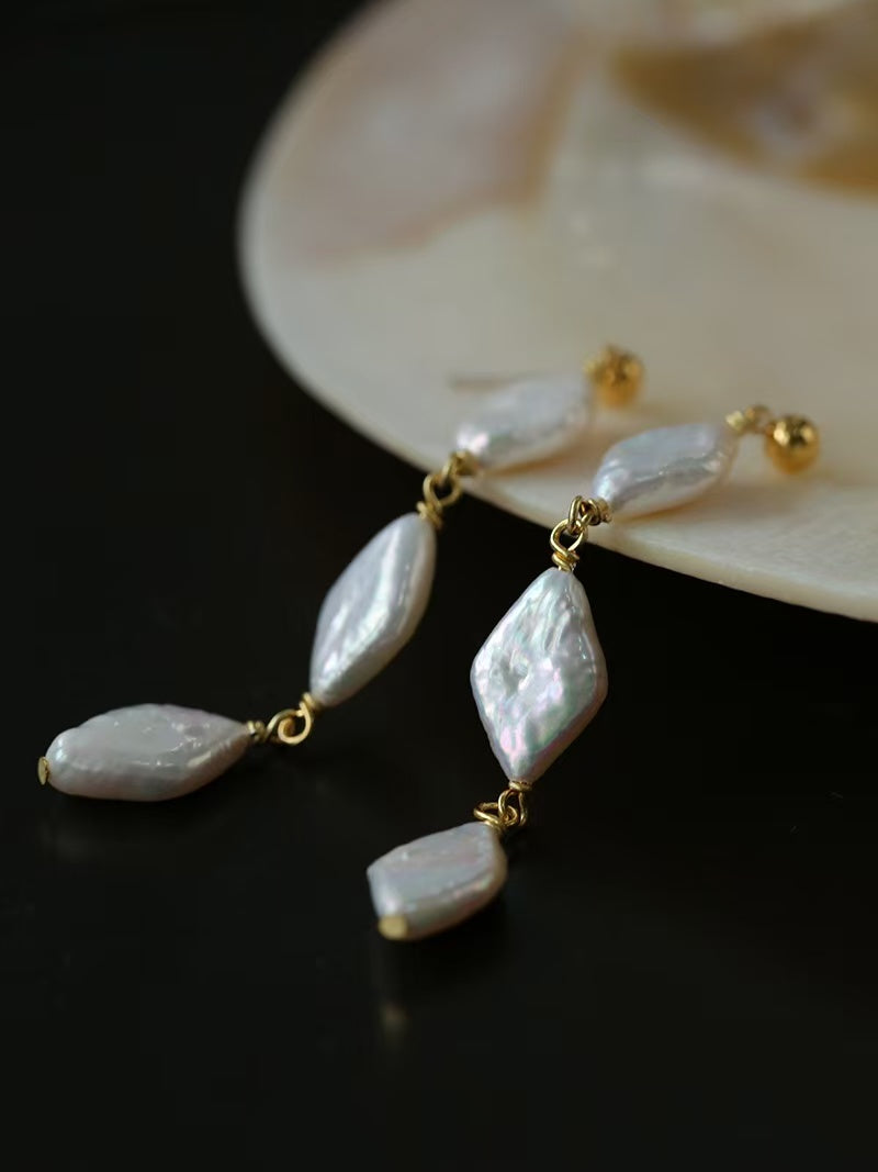 Baroque Pearl Drop Earrings, Natural Freshwater Pearl Dangle Earrings, Diamond & Multi-Shape Pearl Earrings with 925 Silver Posts