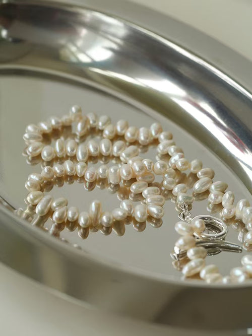 Baroque Pearl OT Clasp Necklace, Natural Freshwater Pearl Asymmetric Necklace with 925 Silver Horn Clasp