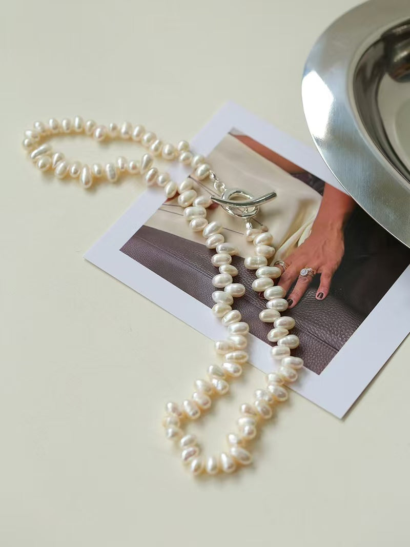 Baroque Pearl OT Clasp Necklace, Natural Freshwater Pearl Asymmetric Necklace with 925 Silver Horn Clasp