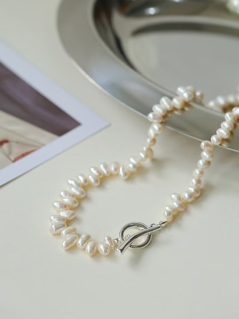 Baroque Pearl OT Clasp Necklace, Natural Freshwater Pearl Asymmetric Necklace with 925 Silver Horn Clasp