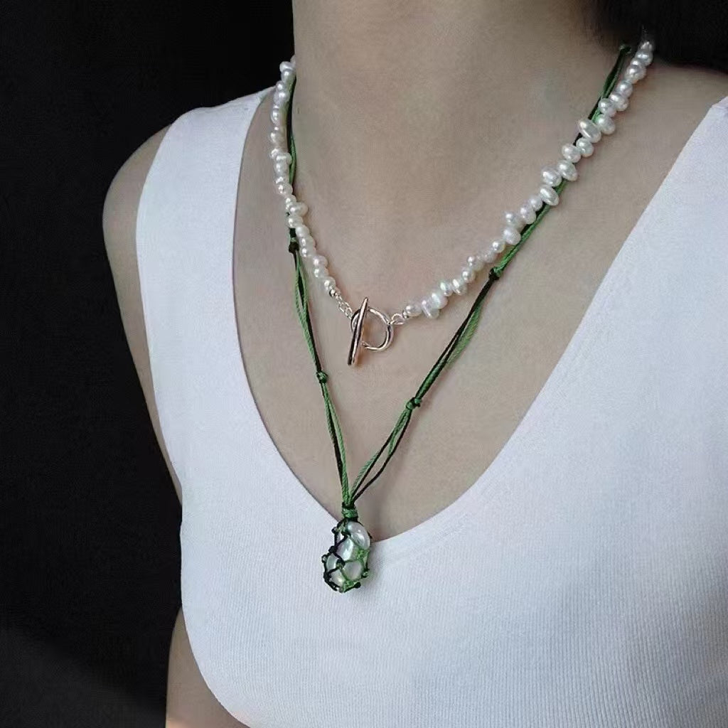Baroque Pearl OT Clasp Necklace, Natural Freshwater Pearl Asymmetric Necklace with 925 Silver Horn Clasp