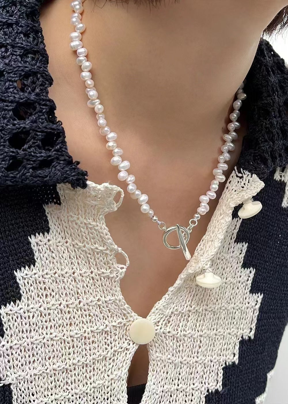 Baroque Pearl OT Clasp Necklace, Natural Freshwater Pearl Asymmetric Necklace with 925 Silver Horn Clasp