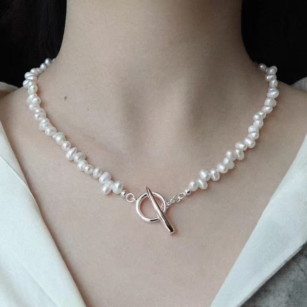 Baroque Pearl OT Clasp Necklace, Natural Freshwater Pearl Asymmetric Necklace with 925 Silver Horn Clasp