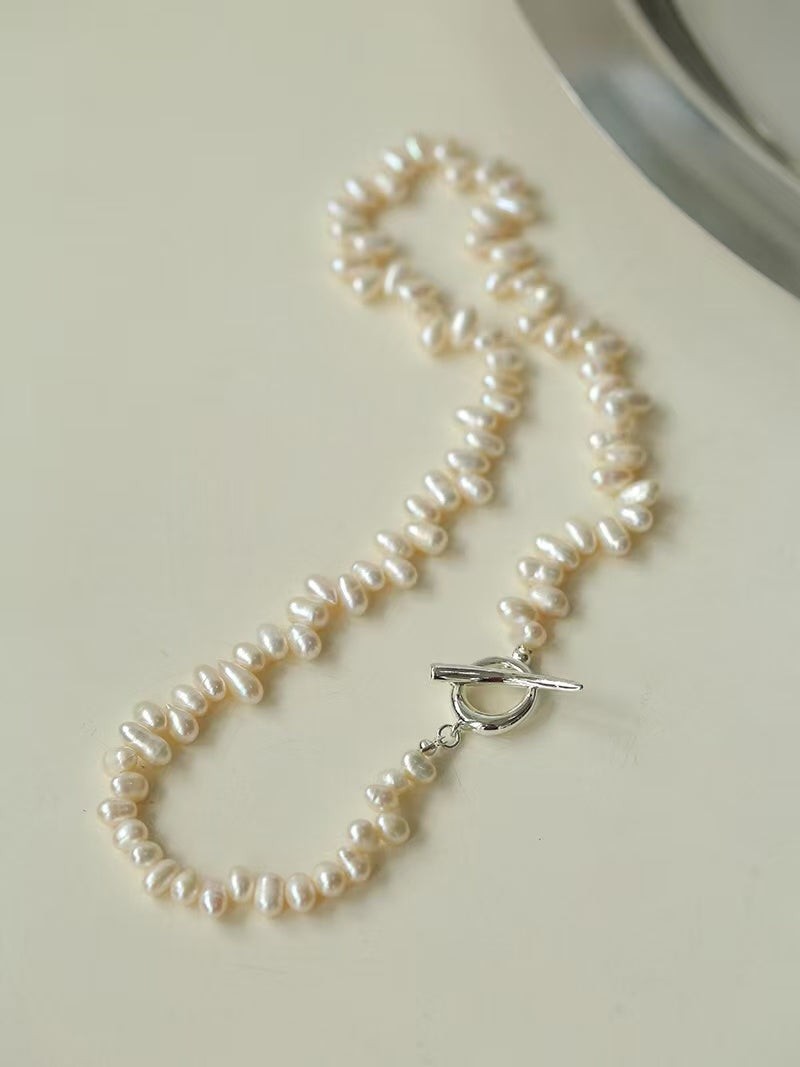Baroque Pearl OT Clasp Necklace, Natural Freshwater Pearl Asymmetric Necklace with 925 Silver Horn Clasp