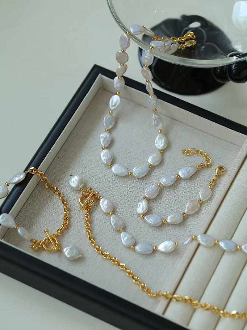 Natural Teardrop Baroque Freshwater Pearl Necklace, Bracelet & Jewelry Set | 18K Gold Plated