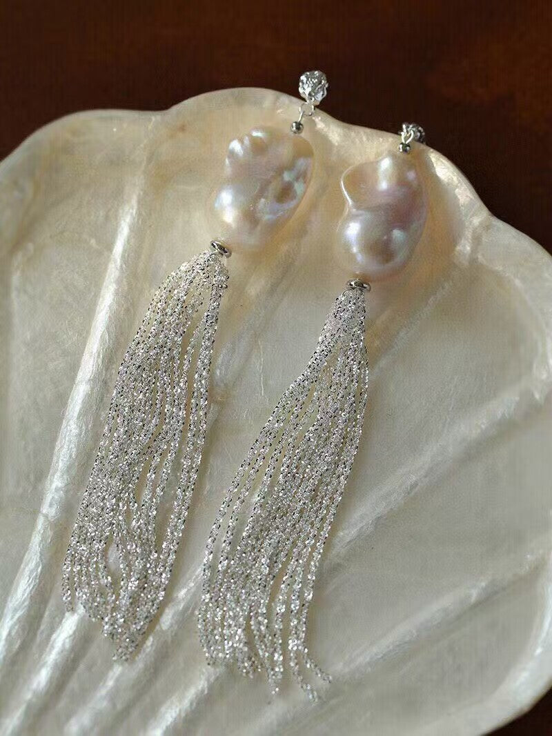 Baroque Pearl Tassel Earrings, Natural Freshwater Pearl Drop Earrings with 925 Sterling Silver Chain