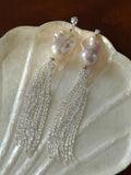 Baroque Pearl Tassel Earrings, Natural Freshwater Pearl Drop Earrings with 925 Sterling Silver Chain