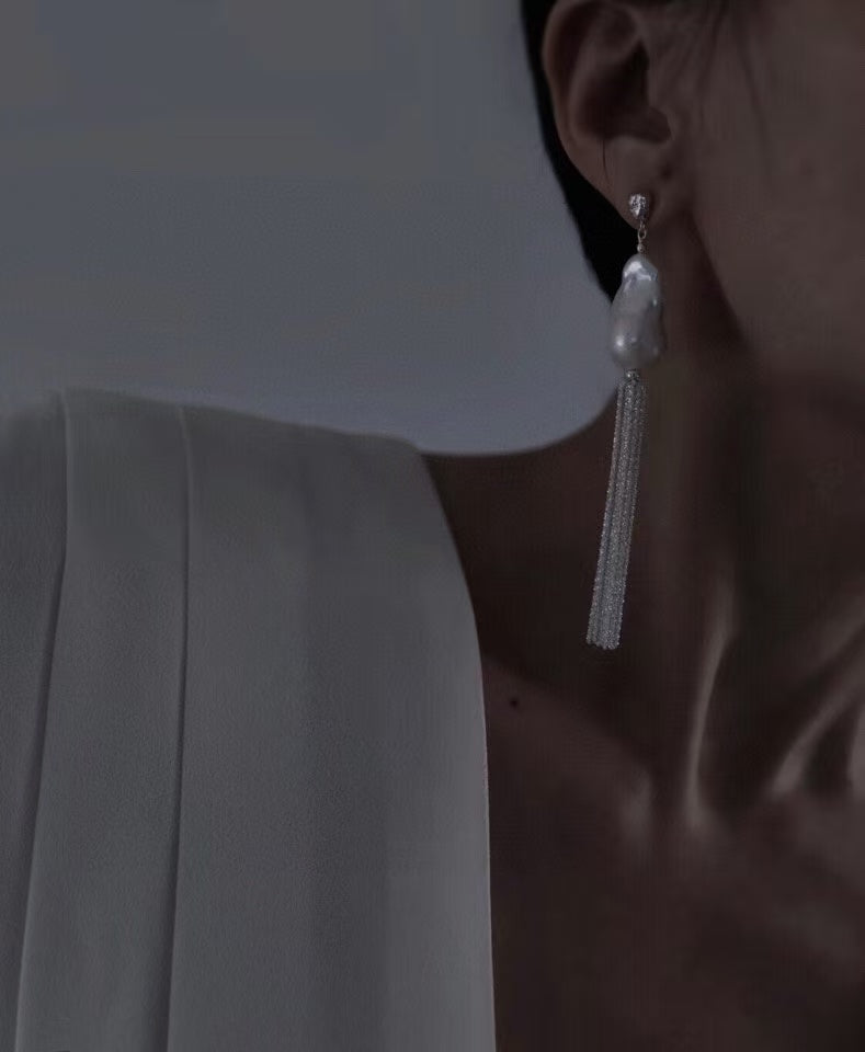 Baroque Pearl Tassel Earrings, Natural Freshwater Pearl Drop Earrings with 925 Sterling Silver Chain