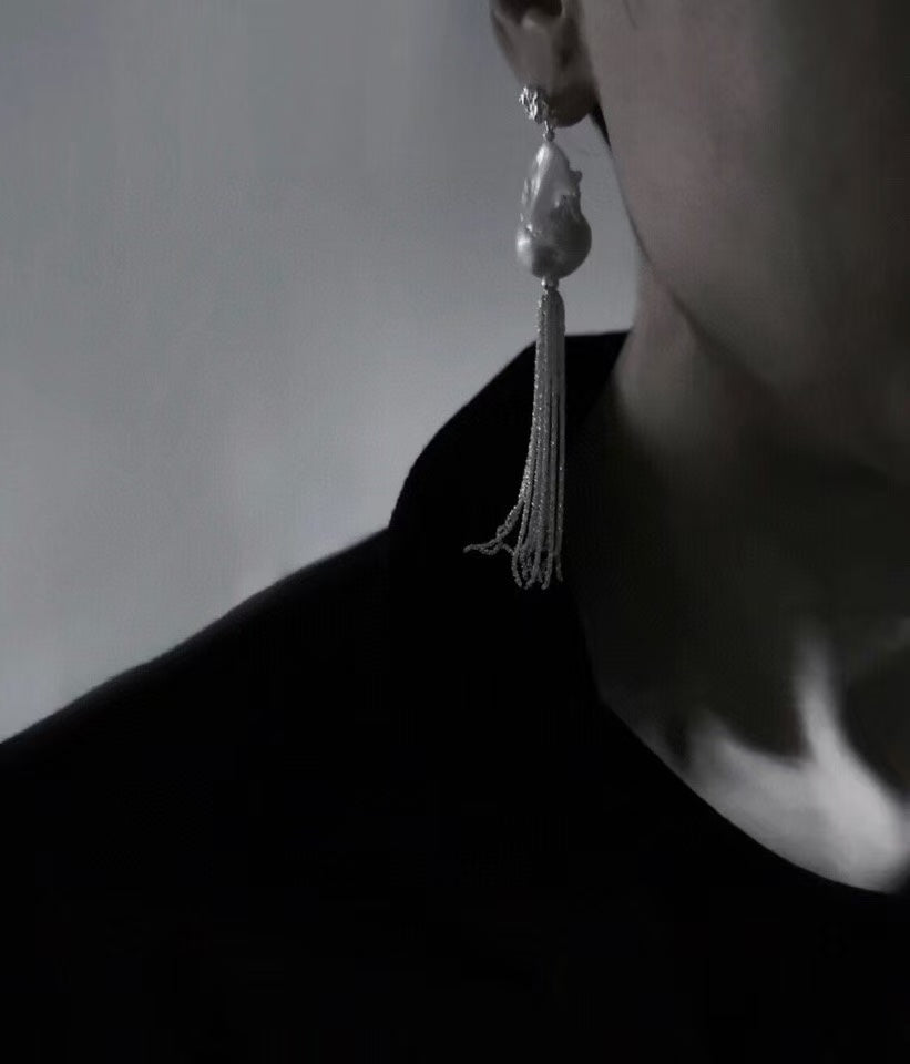 Baroque Pearl Tassel Earrings, Natural Freshwater Pearl Drop Earrings with 925 Sterling Silver Chain