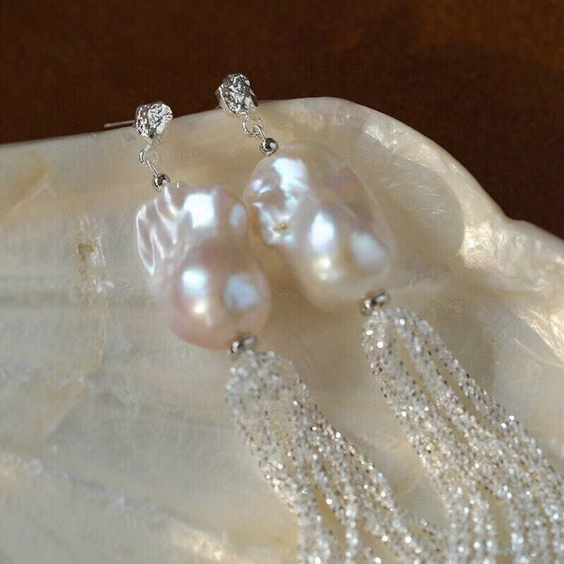 Baroque Pearl Tassel Earrings, Natural Freshwater Pearl Drop Earrings with 925 Sterling Silver Chain