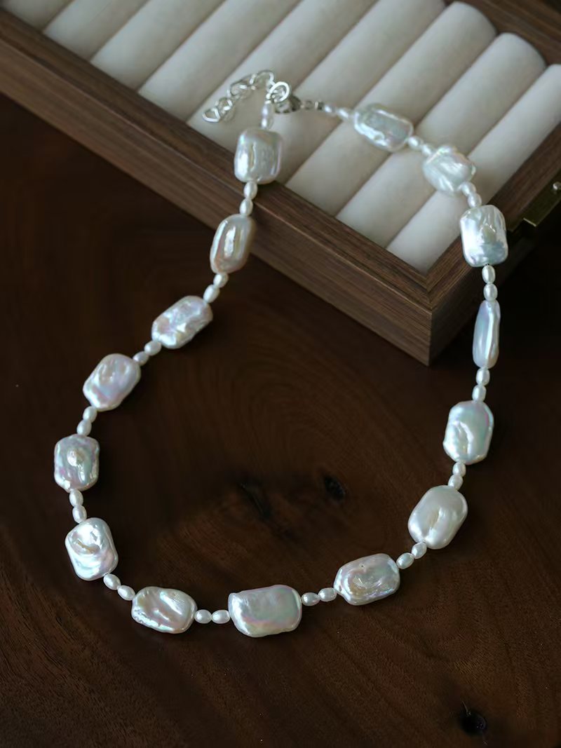 Baroque Pearl Jewelry Set, Natural Square Baroque Pearl Necklace & Bracelet Set