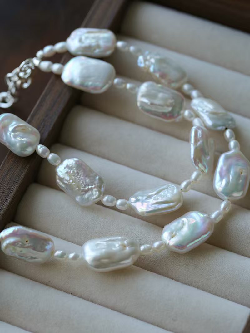 Baroque Pearl Jewelry Set, Natural Square Baroque Pearl Necklace & Bracelet Set
