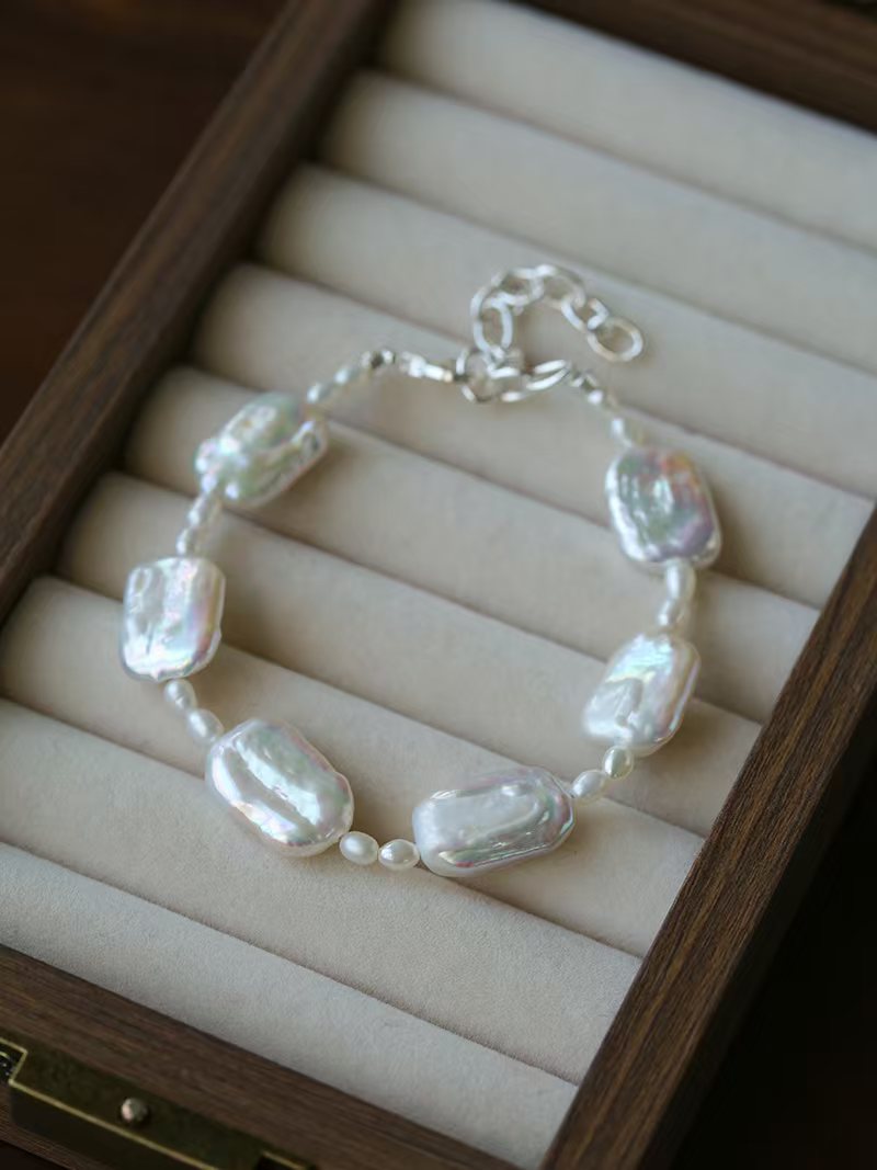 Baroque Pearl Jewelry Set, Natural Square Baroque Pearl Necklace & Bracelet Set