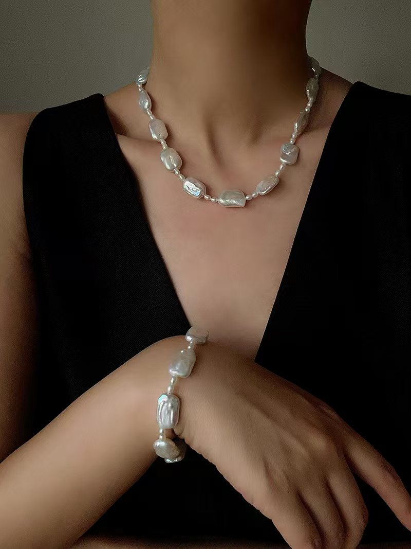 Baroque Pearl Jewelry Set, Natural Square Baroque Pearl Necklace & Bracelet Set