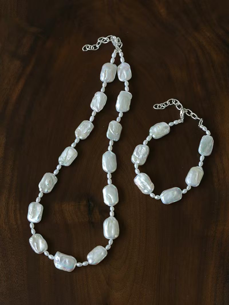 Baroque Pearl Jewelry Set, Natural Square Baroque Pearl Necklace & Bracelet Set