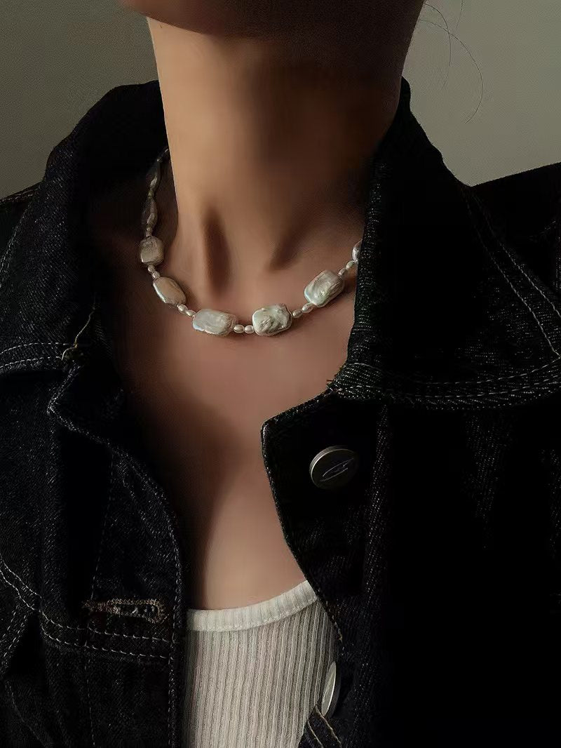 Baroque Pearl Jewelry Set, Natural Square Baroque Pearl Necklace & Bracelet Set