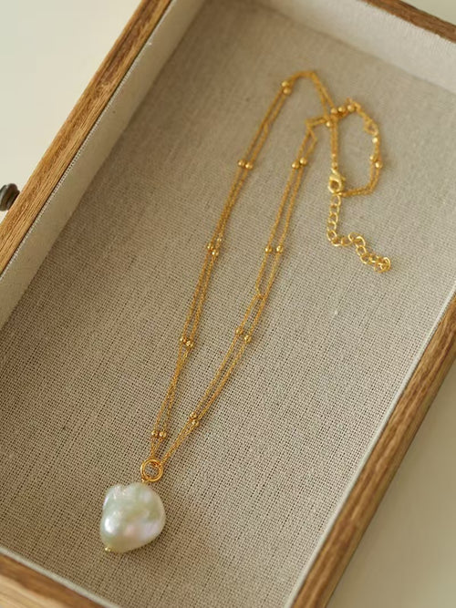 Baroque Pearl Pendant Necklace, Natural Freshwater Pearl Double Chain Necklace with Adjustable Extender