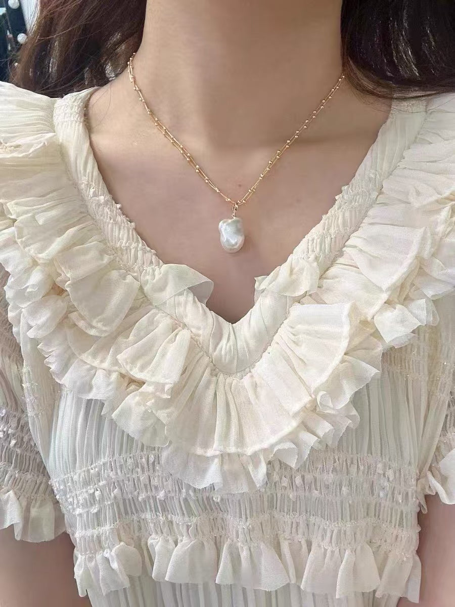 Baroque Pearl Pendant Necklace, Natural Freshwater Pearl Double Chain Necklace with Adjustable Extender