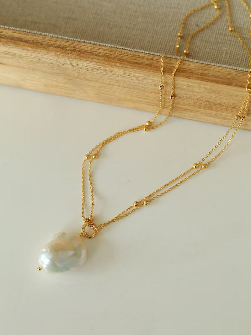Baroque Pearl Pendant Necklace, Natural Freshwater Pearl Double Chain Necklace with Adjustable Extender