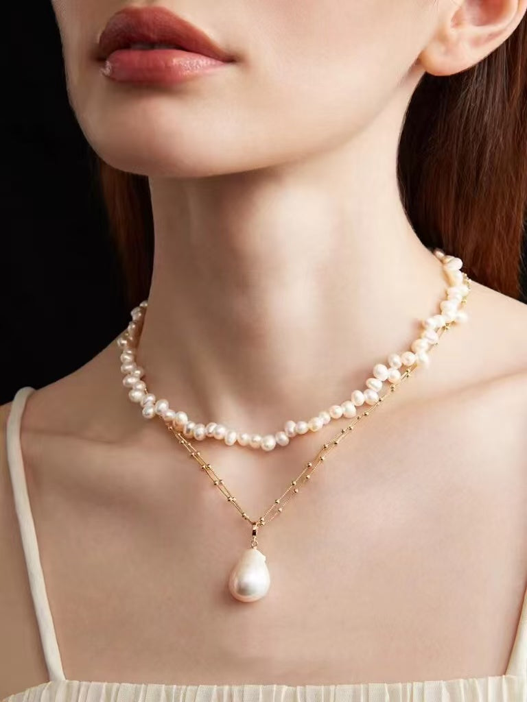 Baroque Pearl Pendant Necklace, Natural Freshwater Pearl Double Chain Necklace with Adjustable Extender