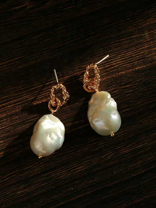 Baroque Pearl Hammered Gold Earrings, Natural Freshwater Pearl Drop Earrings with 18K Gold-Plated Hoop
