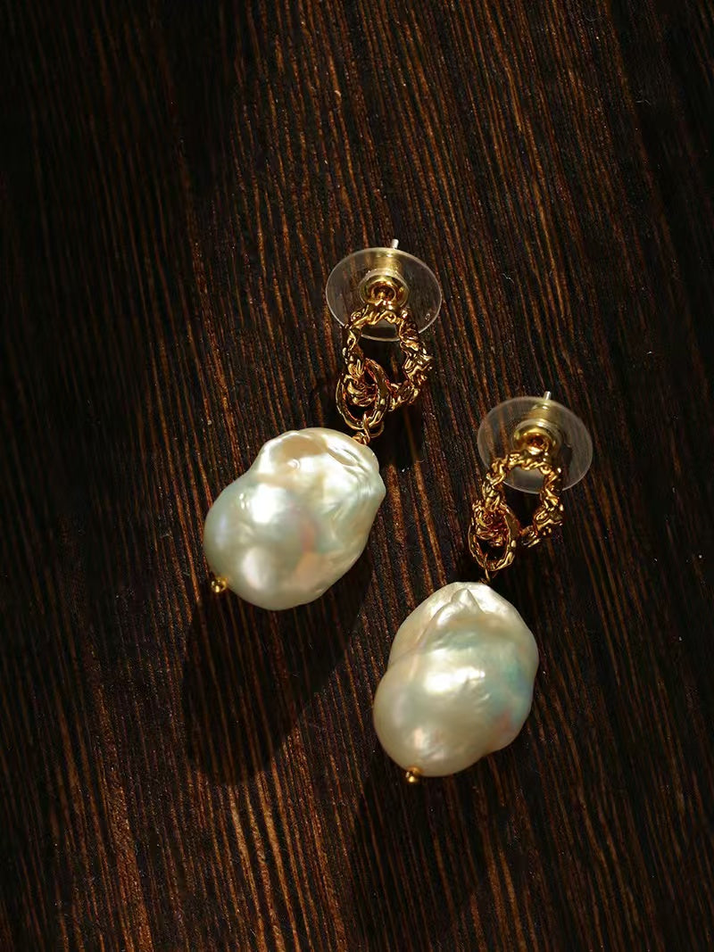 Baroque Pearl Hammered Gold Earrings, Natural Freshwater Pearl Drop Earrings with 18K Gold-Plated Hoop