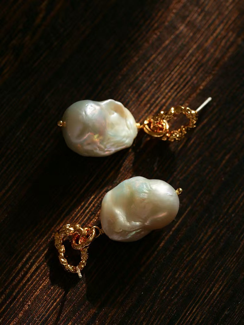 Baroque Pearl Hammered Gold Earrings, Natural Freshwater Pearl Drop Earrings with 18K Gold-Plated Hoop