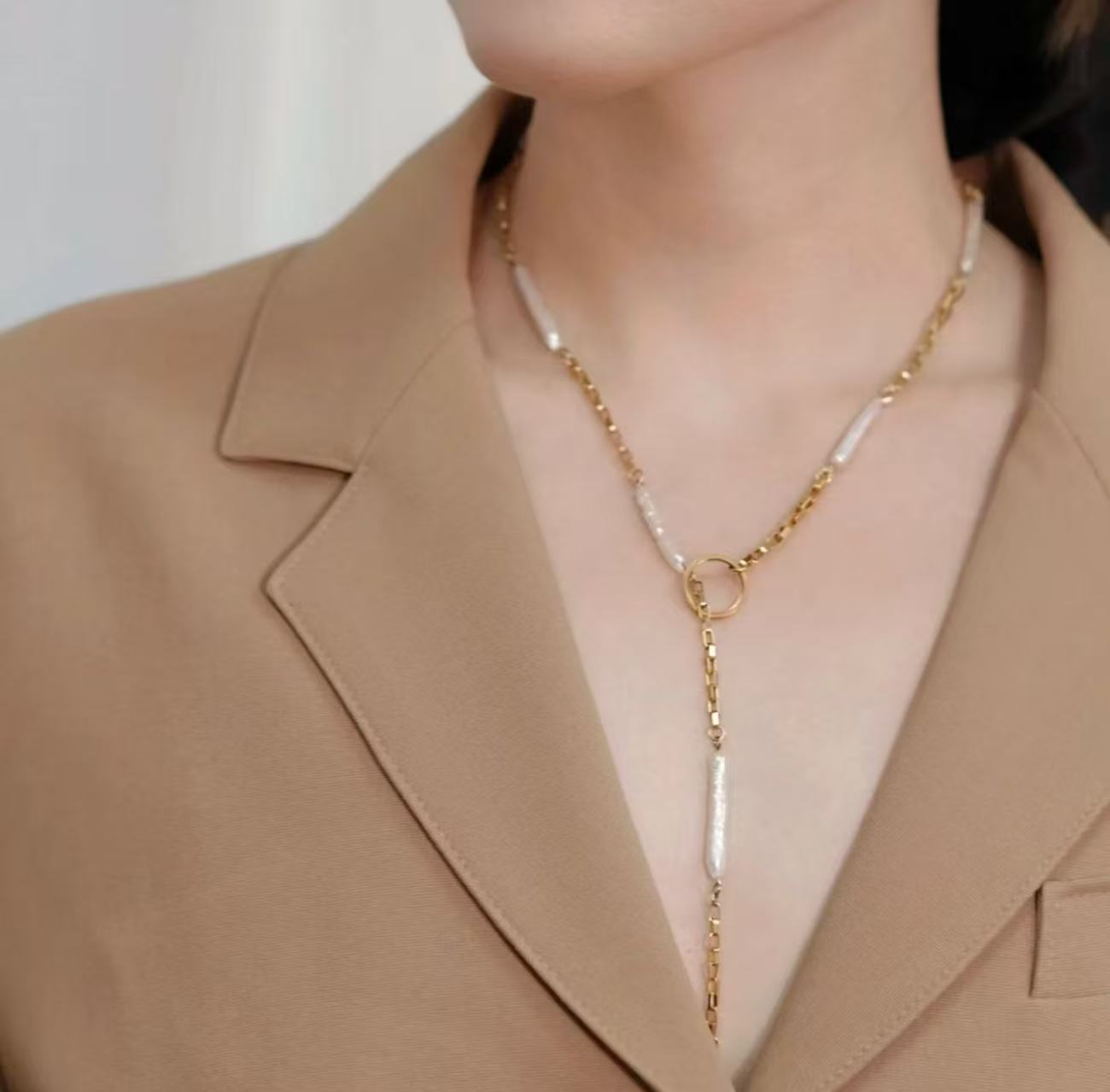 Long Baroque Pearl Y Necklace, 3-Way Adjustable Freshwater Pearl Necklace with Sliding OT Clasp, Gold Chain Minimalist Vintage Jewelry