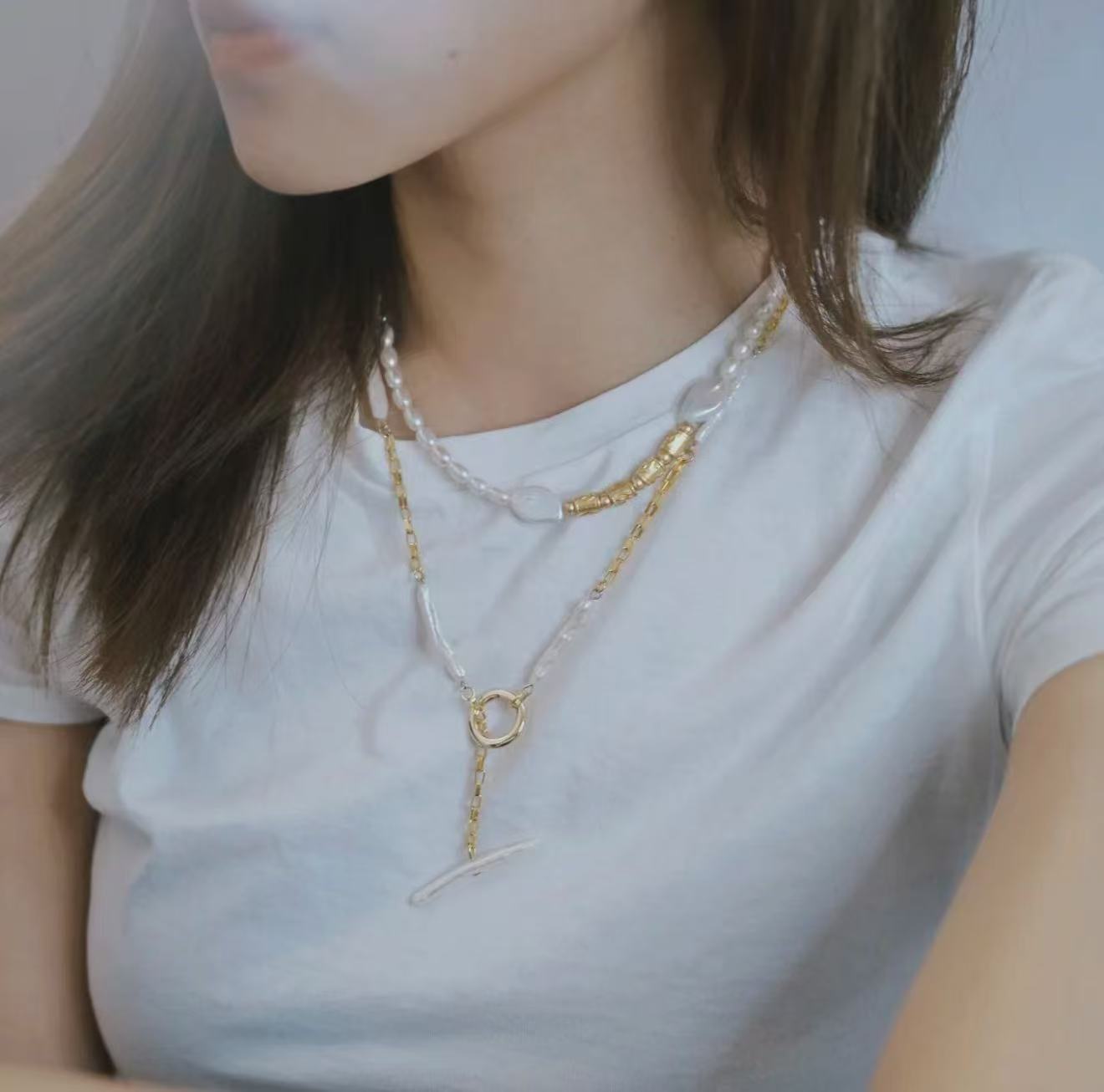 Long Baroque Pearl Y Necklace, 3-Way Adjustable Freshwater Pearl Necklace with Sliding OT Clasp, Gold Chain Minimalist Vintage Jewelry