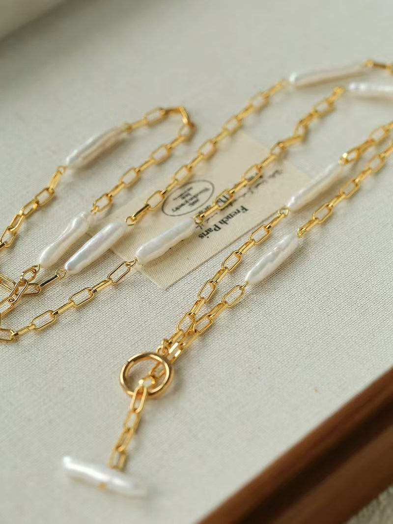 Long Baroque Pearl Y Necklace, 3-Way Adjustable Freshwater Pearl Necklace with Sliding OT Clasp, Gold Chain Minimalist Vintage Jewelry