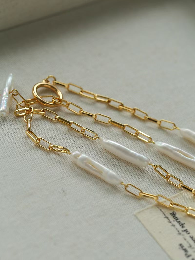 Long Baroque Pearl Y Necklace, 3-Way Adjustable Freshwater Pearl Necklace with Sliding OT Clasp, Gold Chain Minimalist Vintage Jewelry