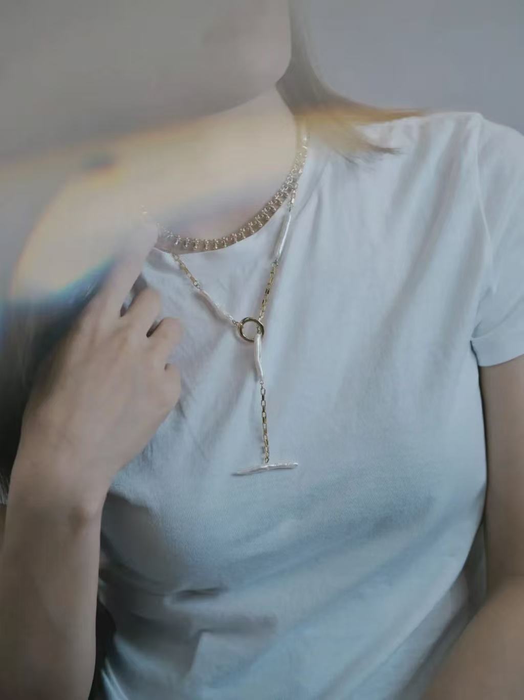 Long Baroque Pearl Y Necklace, 3-Way Adjustable Freshwater Pearl Necklace with Sliding OT Clasp, Gold Chain Minimalist Vintage Jewelry