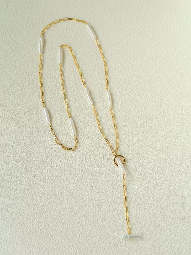 Long Baroque Pearl Y Necklace, 3-Way Adjustable Freshwater Pearl Necklace with Sliding OT Clasp, Gold Chain Minimalist Vintage Jewelry
