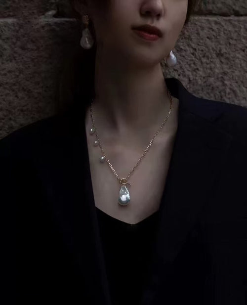Baroque Pearl Long Necklace, Teardrop Freshwater Pearl & Square Link Chain Necklace with OT Clasp