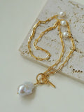 Baroque Pearl Long Necklace, Teardrop Freshwater Pearl & Square Link Chain Necklace with OT Clasp