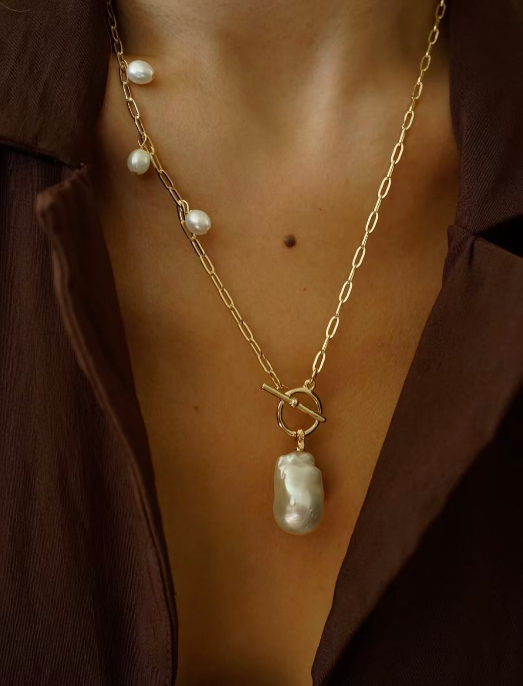 Baroque Pearl Long Necklace, Teardrop Freshwater Pearl & Square Link Chain Necklace with OT Clasp