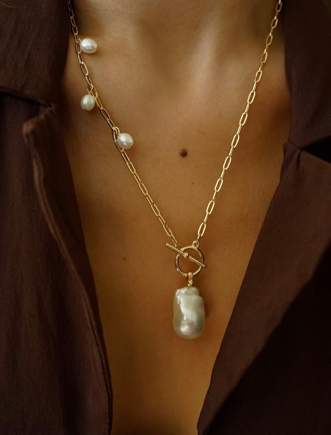 Baroque Pearl Long Necklace, Teardrop Freshwater Pearl & Square Link Chain Necklace with OT Clasp