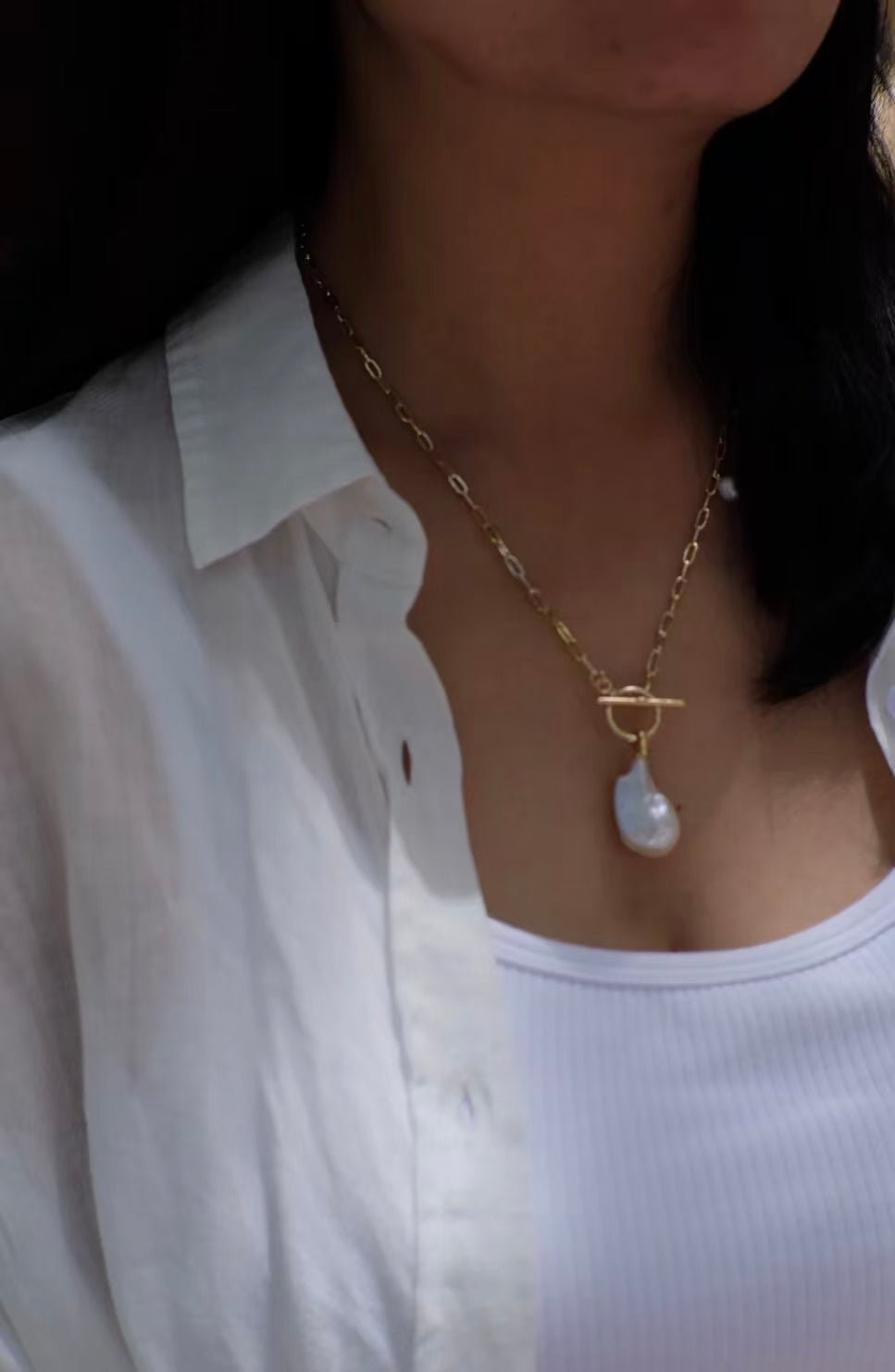 Baroque Pearl Long Necklace, Teardrop Freshwater Pearl & Square Link Chain Necklace with OT Clasp