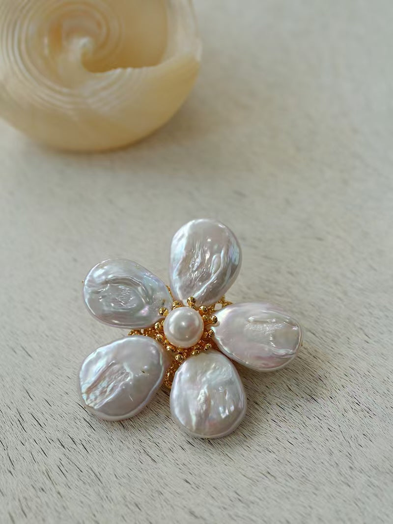 Natural Pearl & Shell Flower Brooch, Baroque Pearl Floral Pin, Vintage Gold Plated Brooch for Women, French Inspired Sculptural Jewelry Accessory