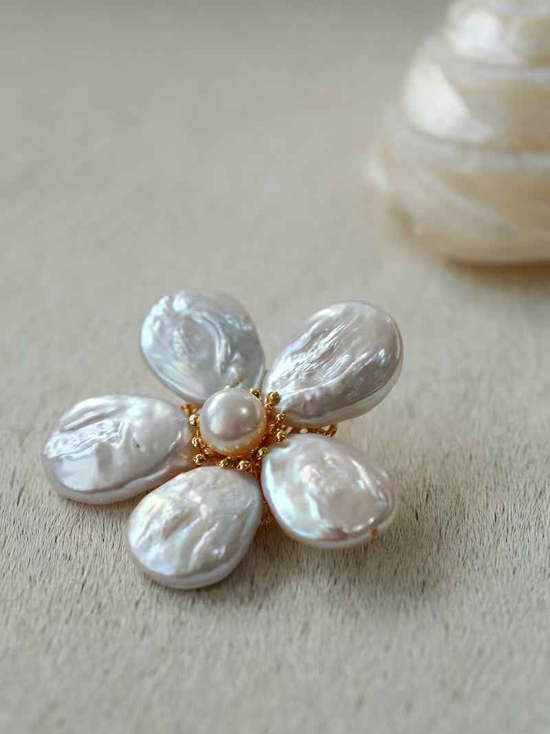 Natural Pearl & Shell Flower Brooch, Baroque Pearl Floral Pin, Vintage Gold Plated Brooch for Women, French Inspired Sculptural Jewelry Accessory