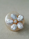 Natural Pearl & Shell Flower Brooch, Baroque Pearl Floral Pin, Vintage Gold Plated Brooch for Women, French Inspired Sculptural Jewelry Accessory