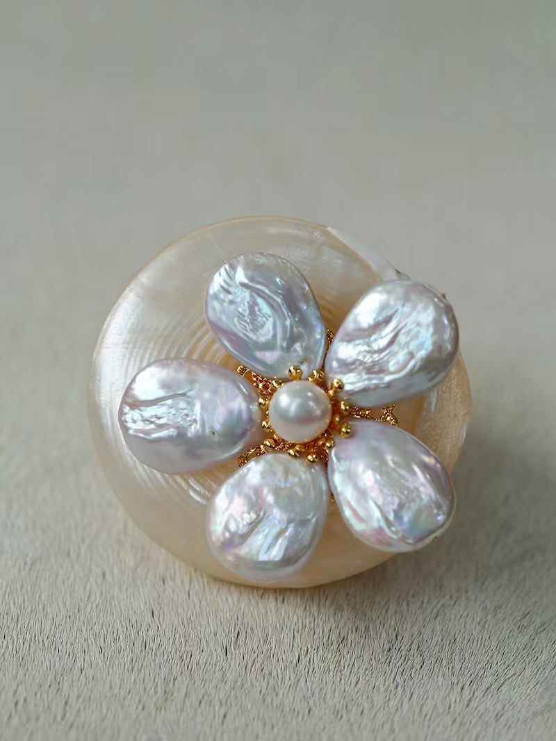 Natural Pearl & Shell Flower Brooch, Baroque Pearl Floral Pin, Vintage Gold Plated Brooch for Women, French Inspired Sculptural Jewelry Accessory