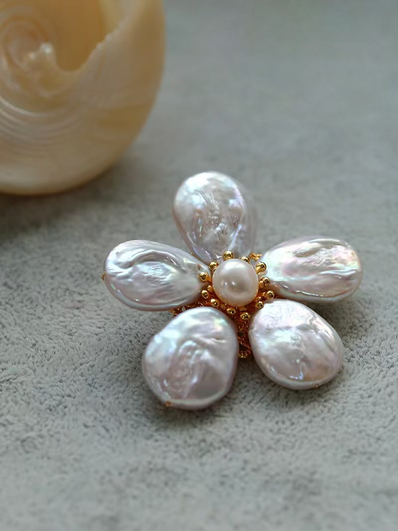 Natural Pearl & Shell Flower Brooch, Baroque Pearl Floral Pin, Vintage Gold Plated Brooch for Women, French Inspired Sculptural Jewelry Accessory