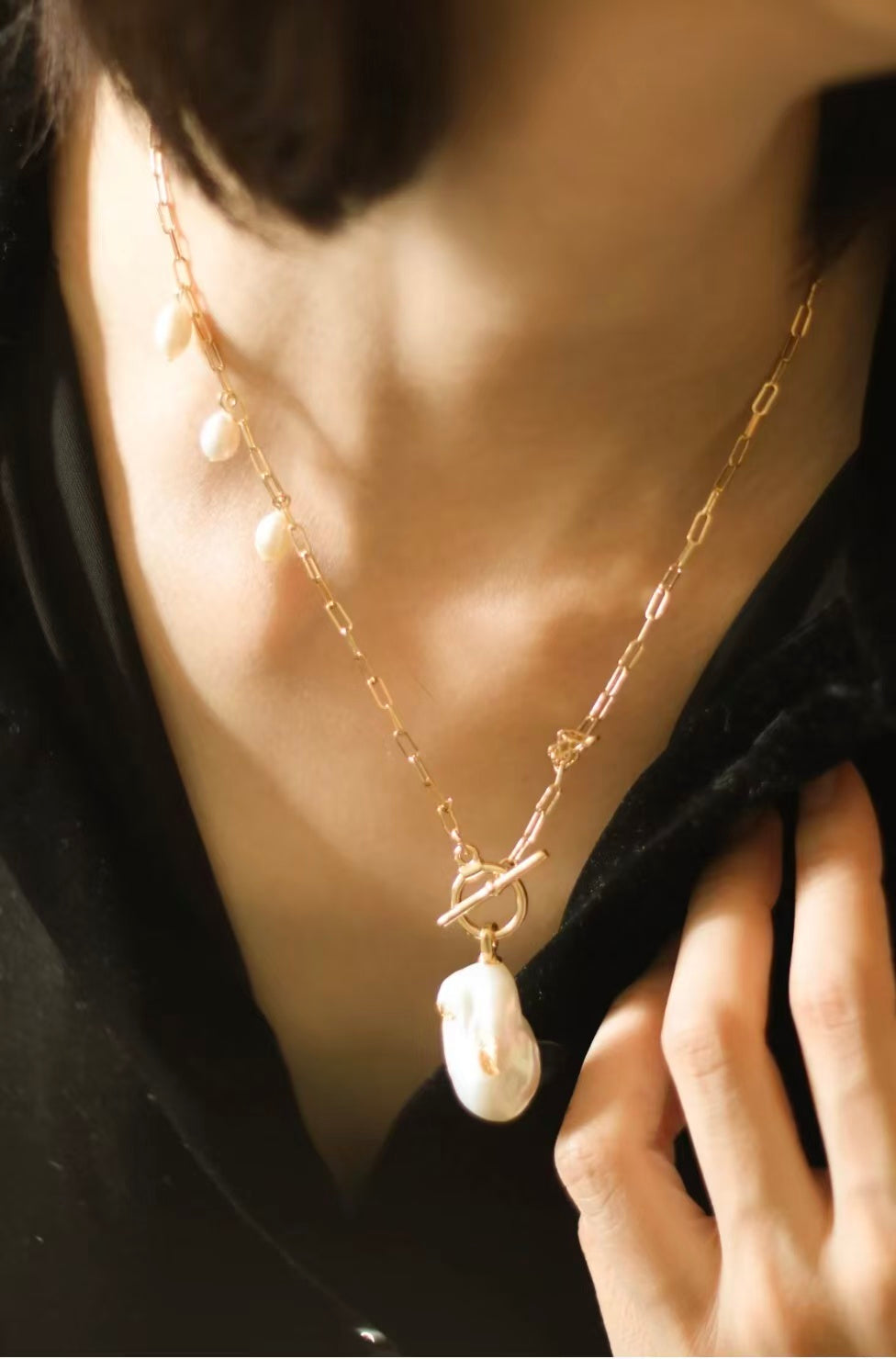 Baroque Pearl Long Necklace, Teardrop Freshwater Pearl & Square Link Chain Necklace with OT Clasp