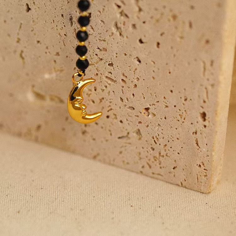 Black Onyx & Baroque Pearl Y Necklace, Moon Pendant Gemstone Necklace, Natural Freshwater Pearl Gold Vintage Jewelry