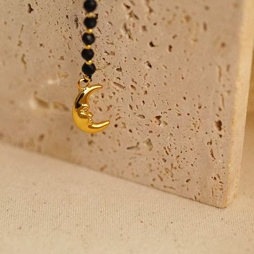 Black Onyx & Baroque Pearl Y Necklace, Moon Pendant Gemstone Necklace, Natural Freshwater Pearl Gold Vintage Jewelry